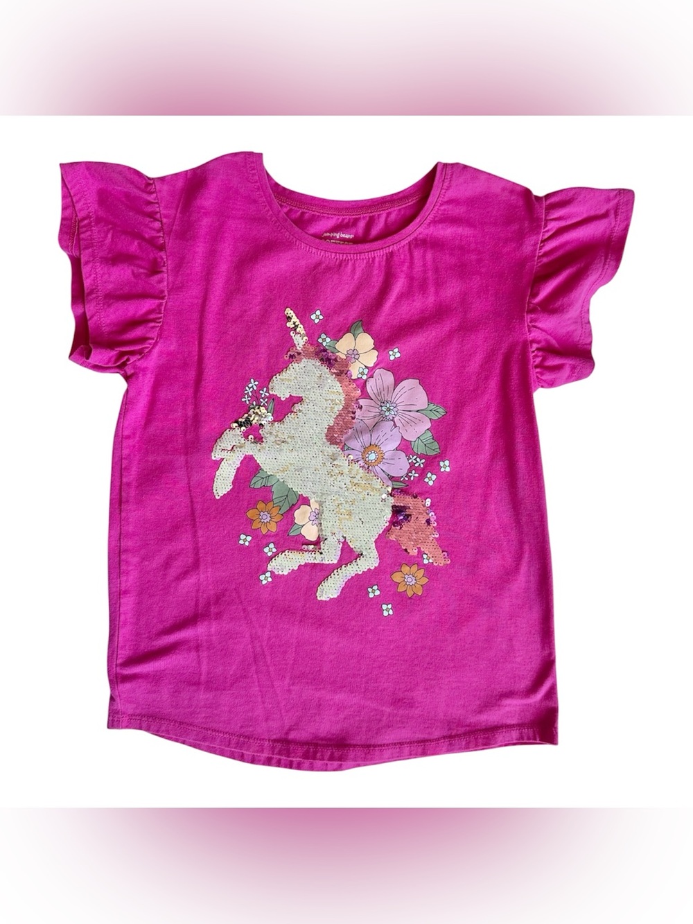 Jumping Beans Size 7 Girls Unicorn sequin Ruffle sleeve shirt